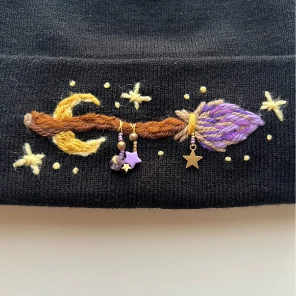 Black Beanie with Witchy Embroidered Design- Handmade - Picture 2 of 3